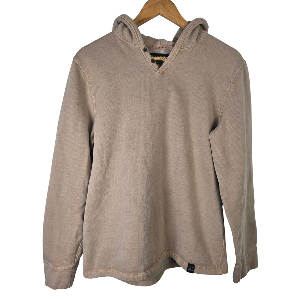 Lucky Brand Mens Hoodie Small Beige‎ Pullover Long Sleeve Button Neck Casual